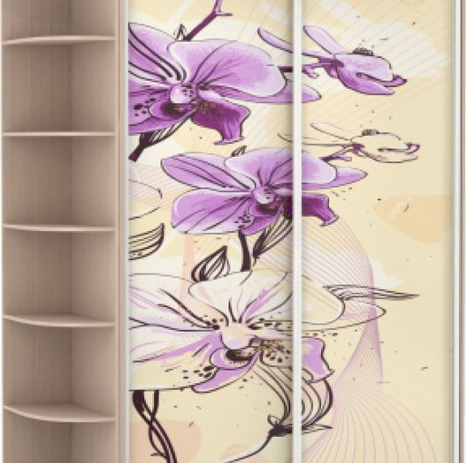 Шкаф-купе 2-х дверный, корпус дуб молочный, с фотопечатью орхидеи фиолетовые на бежевом фоне
