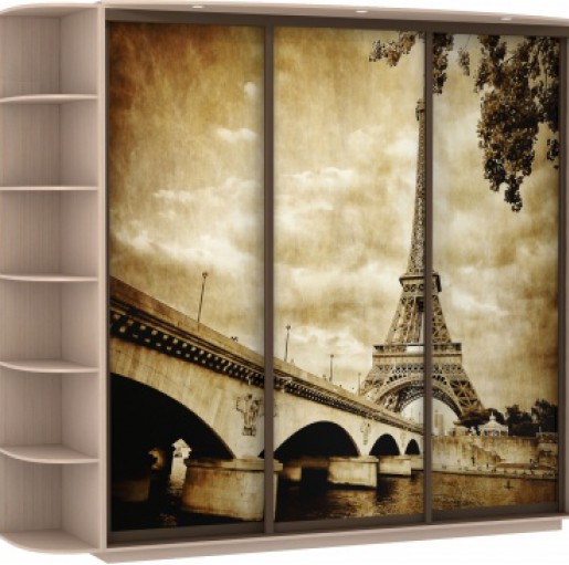 Шкаф-купе трехдверный с фотопечатью "Париж. Эйфелева башня", дуб молочный