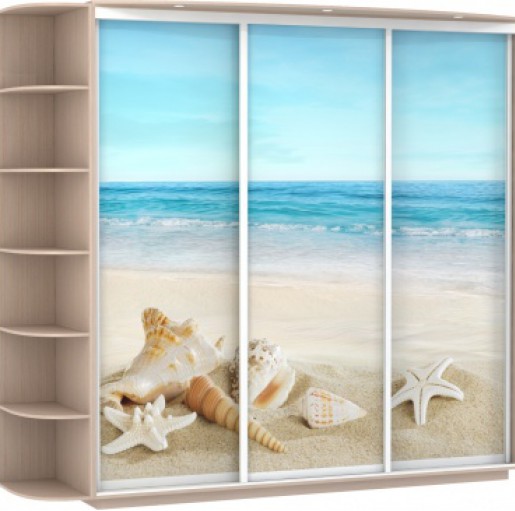 Шкаф-купе трехдверный с фотопечатью "Море, пляж, ракушки", дуб молочный